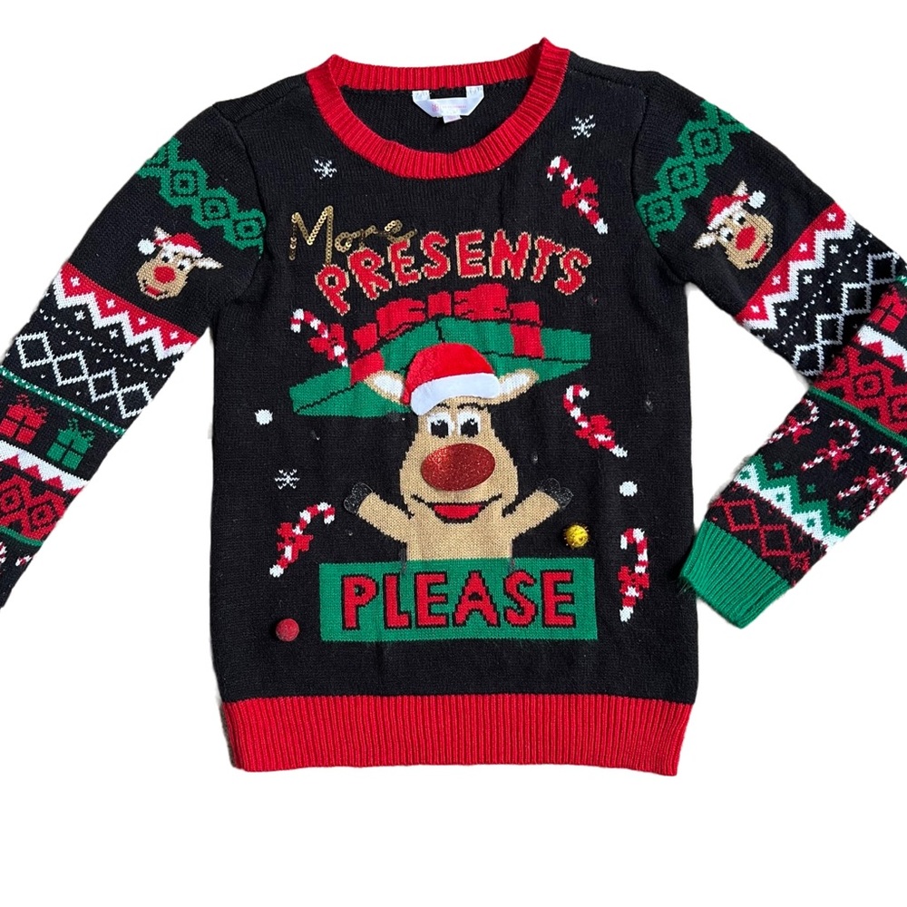 NO BOUNDARIES BLACK UGLY CHRISTMAS “MORE PRESENTS PLEASE” SWEATER‎ WITH REINDEER